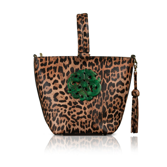 The Noraa Bucket Bag in Leopard Print with Green Dragon Jade Stone