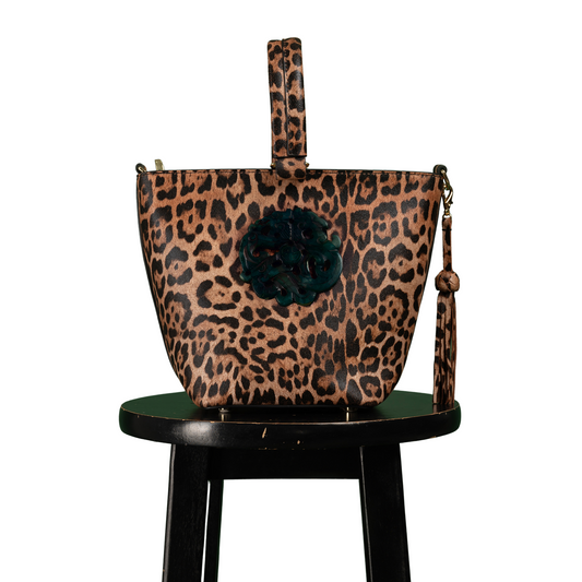 The Noraa Bucket Bag in Leopard Print with Black Dragon Jade Stone