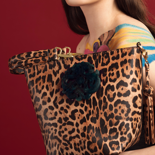 The Noraa Bucket Bag in Leopard Print with Black Dragon Jade Stone