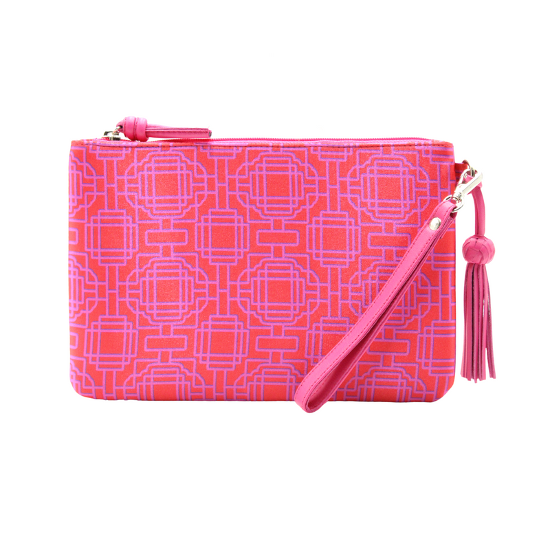 Red Flame & Fuchsia Sateen & Leather Make Up Clutch