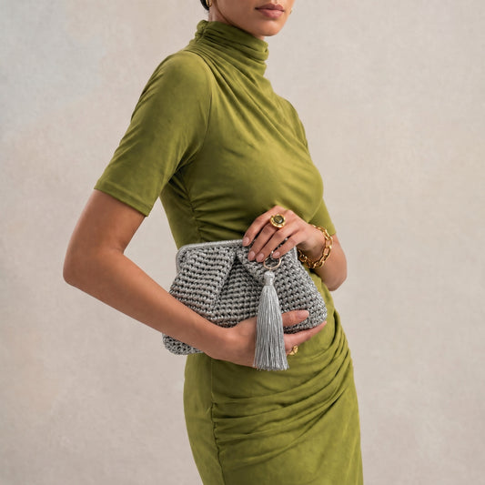 Medium Hand-Woven Metallic Silver Clutch