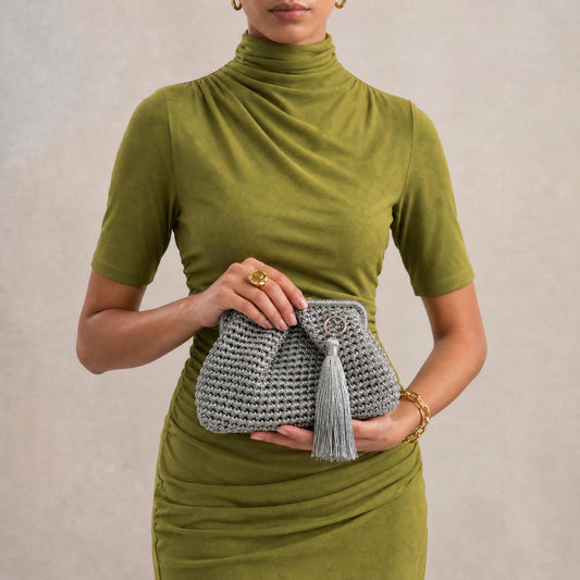 Medium Hand-Woven Metallic Silver Clutch