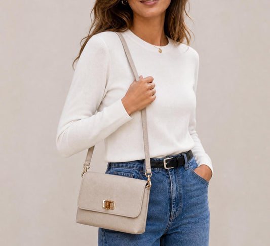 Italian Leather Medium Flap Shoulder Bag in Cream Sample