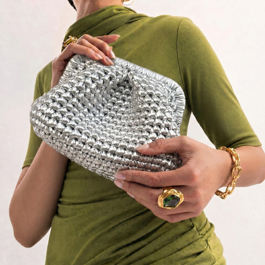 Medium Hand-Woven Metallic Silver Clutch