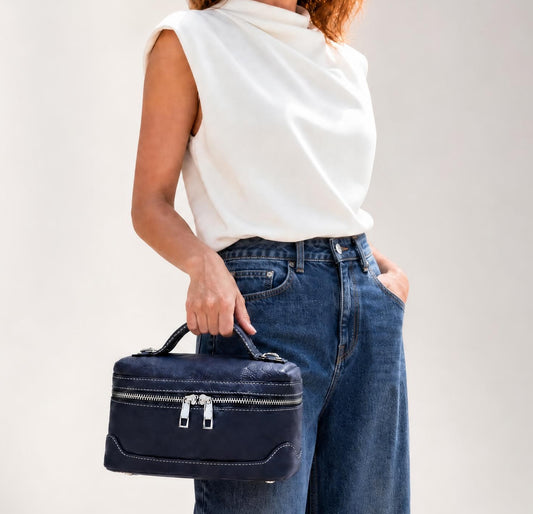 Italian Leather Box Crossbody in Navy Blue Sample
