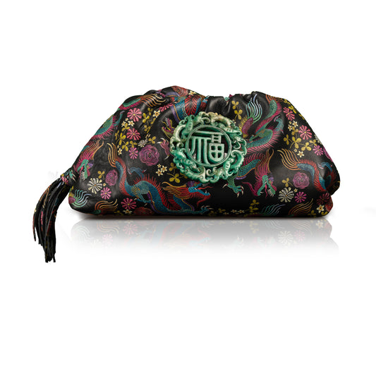 The Patty Pouch Crossbody in Dragon Print Leather with Green Jade Stone