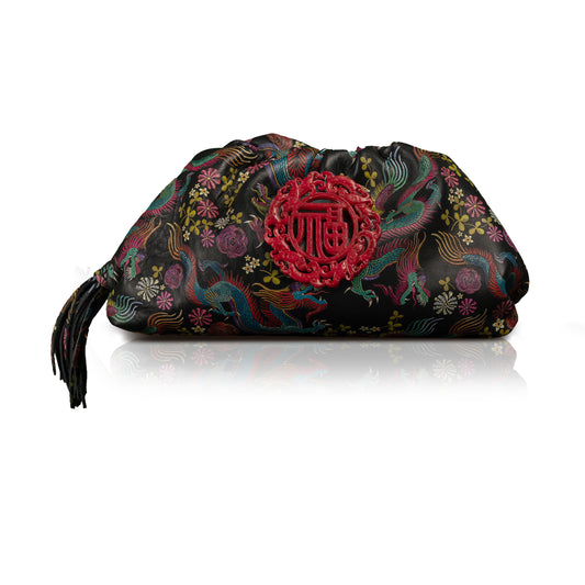 The Patty Pouch Crossbody in Dragon Print Leather with Red Jade Stone