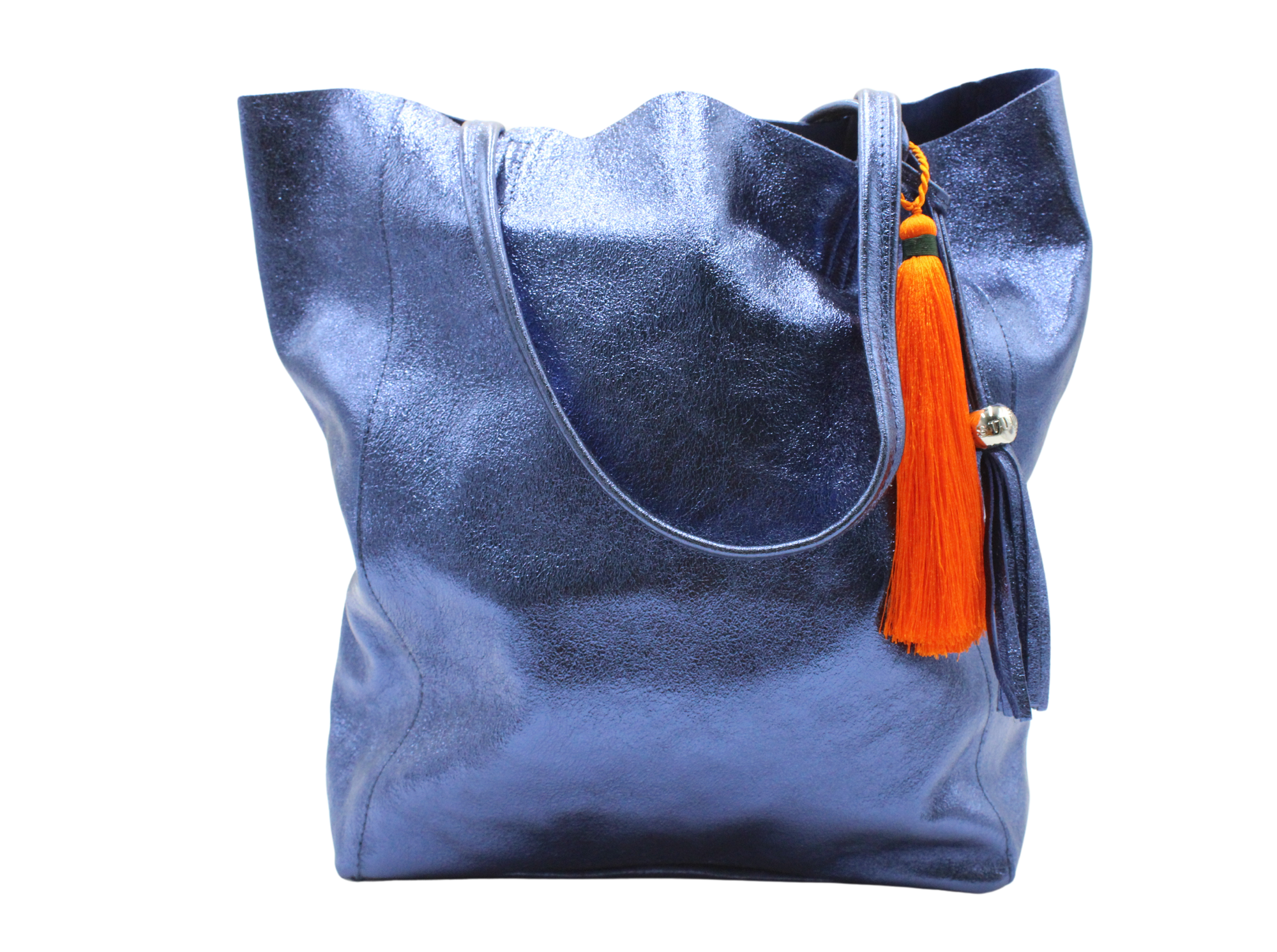 The 'Bessie' Italian Leather Shopper in Vibrant Navy Blue & Orange Tassel