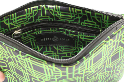 Sale Satin & Leather Logo Mark Make Up Clutch in Black & Green