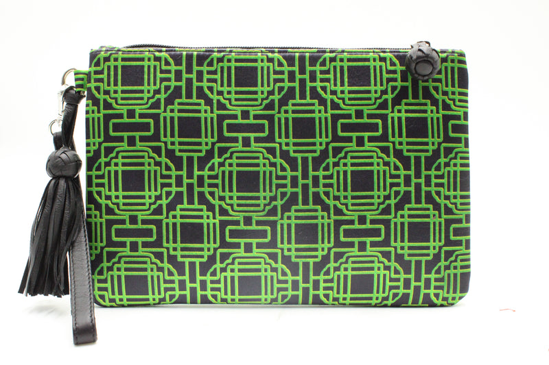 Sale Satin & Leather Logo Mark Make Up Clutch in Black & Green