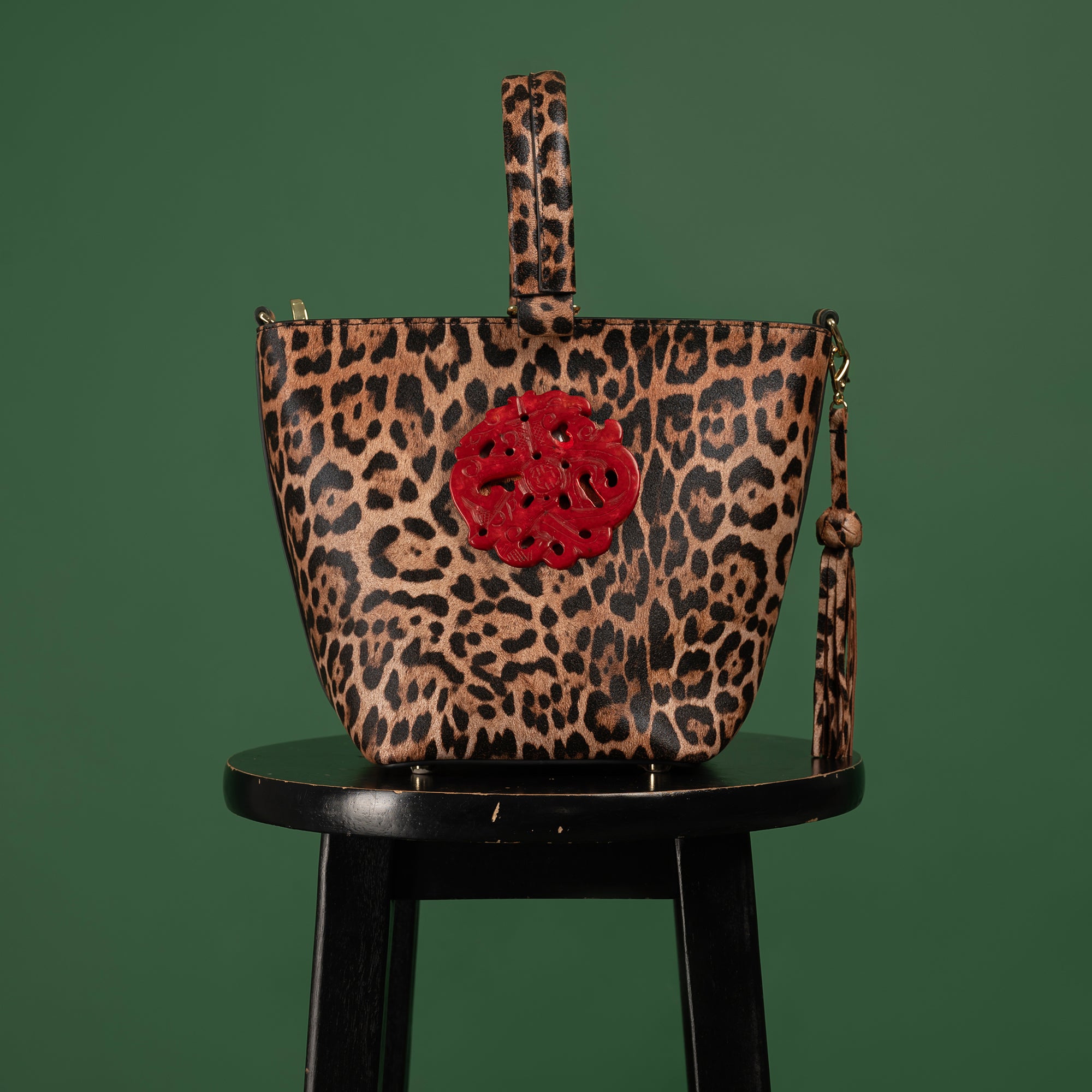 Pre-Order The Noraa Bucket Bag in Leopard with Red Dragon Jade Stone