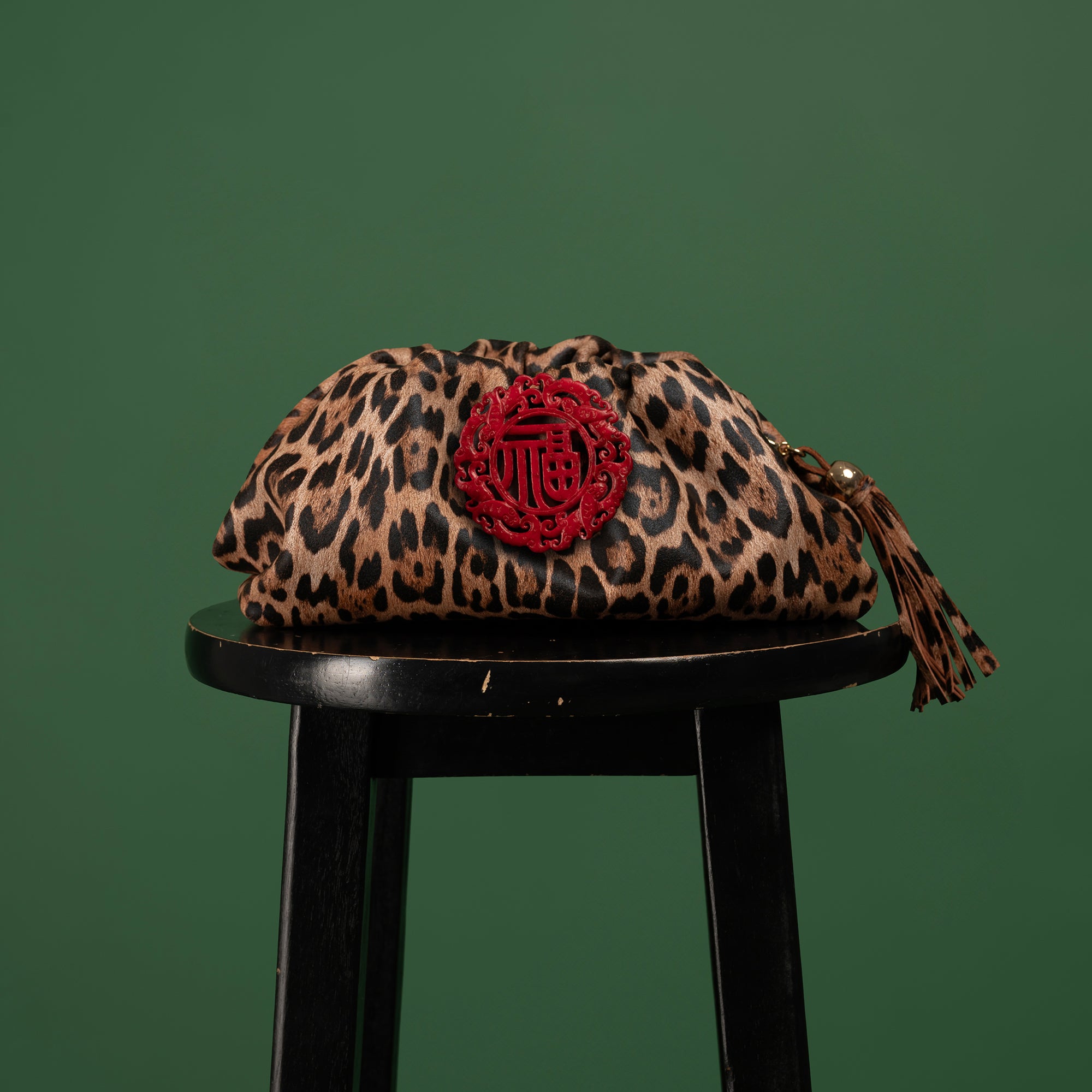 The Patty Pouch Crossbody in Leopard Print Leather with Red Jade Stone