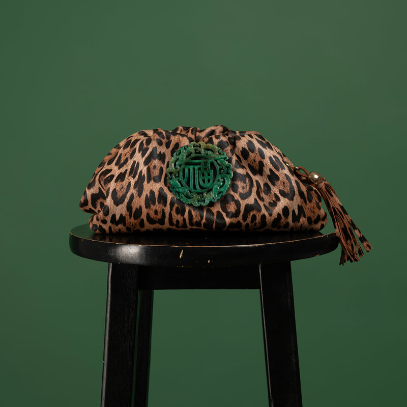 The Patty Pouch Crossbody in Leopard Print Leather with Green Jade Stone