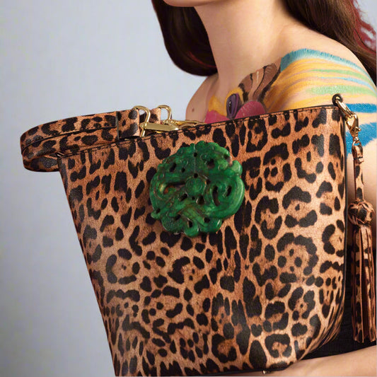 The Noraa Bucket Bag in Leopard with Green Dragon Jade Stone