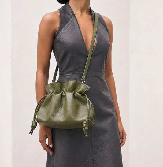 Sample Italian Leather Medium Shoulder Bag with Cross Body Strap in Olive Green