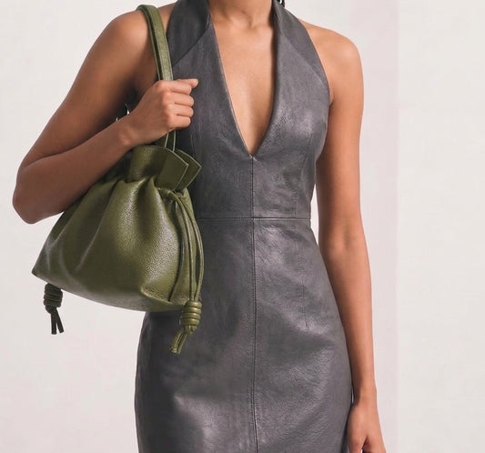 Sample Italian Leather Medium Shoulder Bag with Cross Body Strap in Olive Green