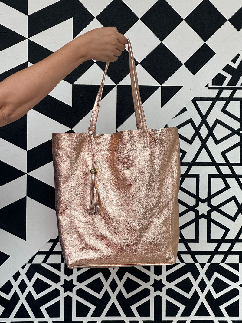 The 'Bessie' Italian Leather Shopper in Rose Gold