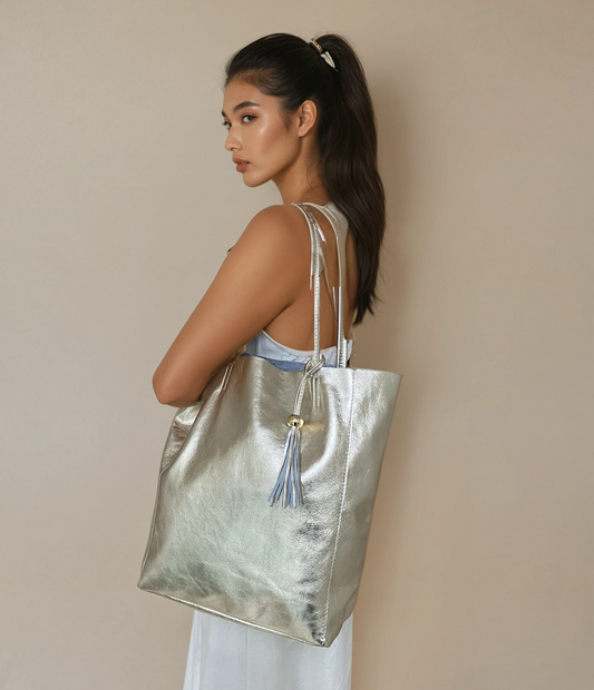 Italian Leather Shopper in Champagne