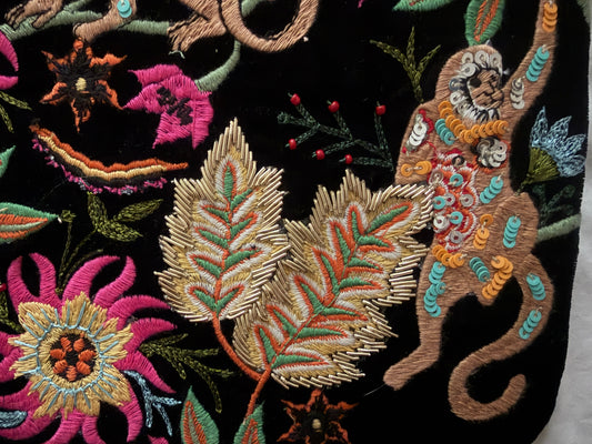 Sample Velvet Hand Embroidered Monkey Clutch in Black