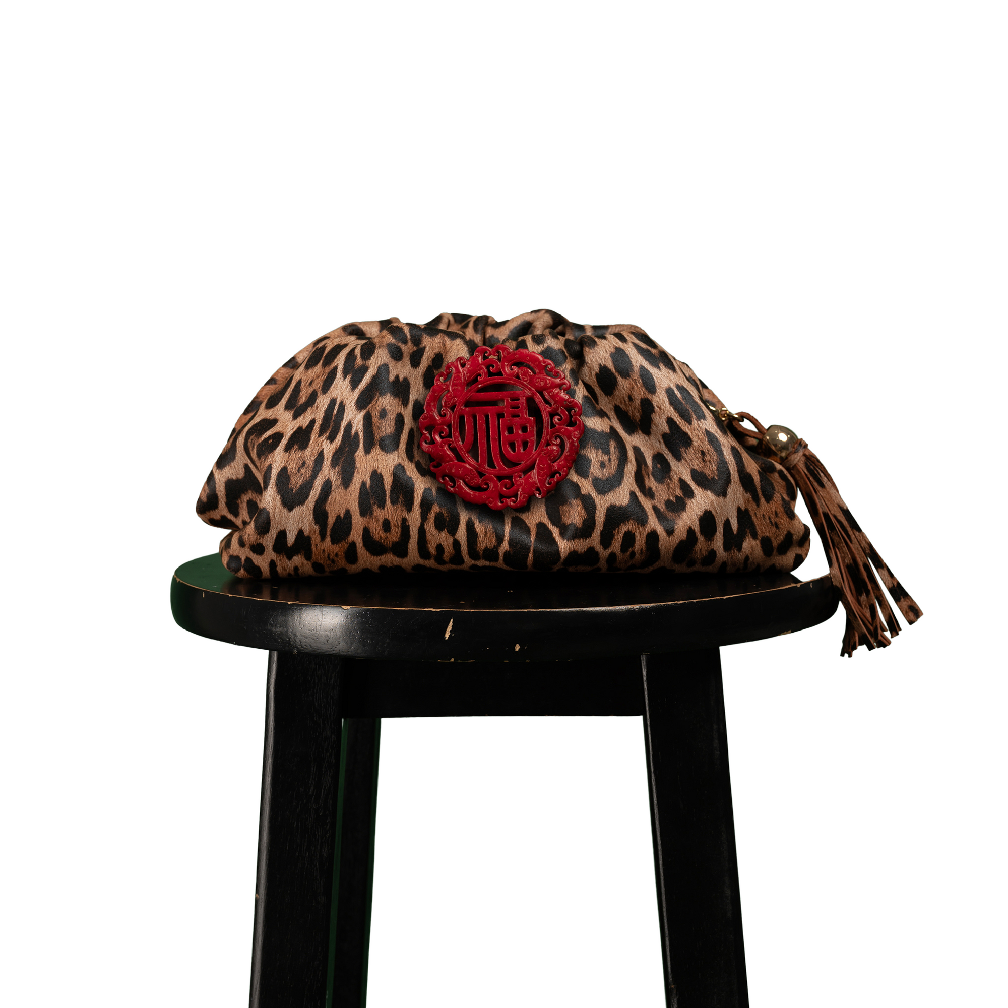The Patty Pouch Crossbody in Leopard Print Leather with Red Jade Stone