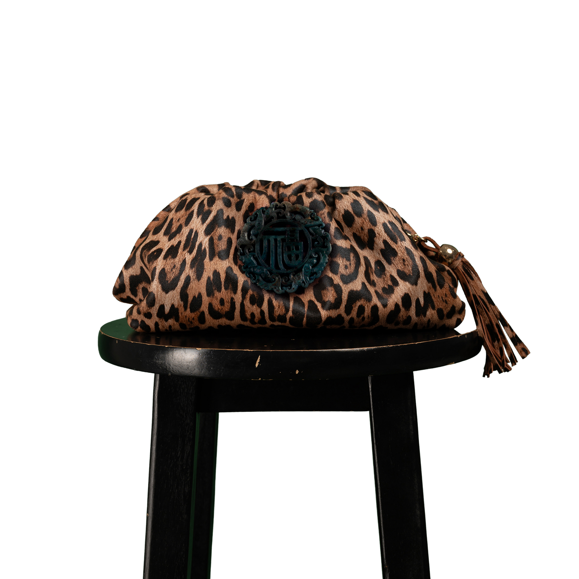 The Patty Pouch Crossbody in Leopard Print Leather with Black Jade Stone