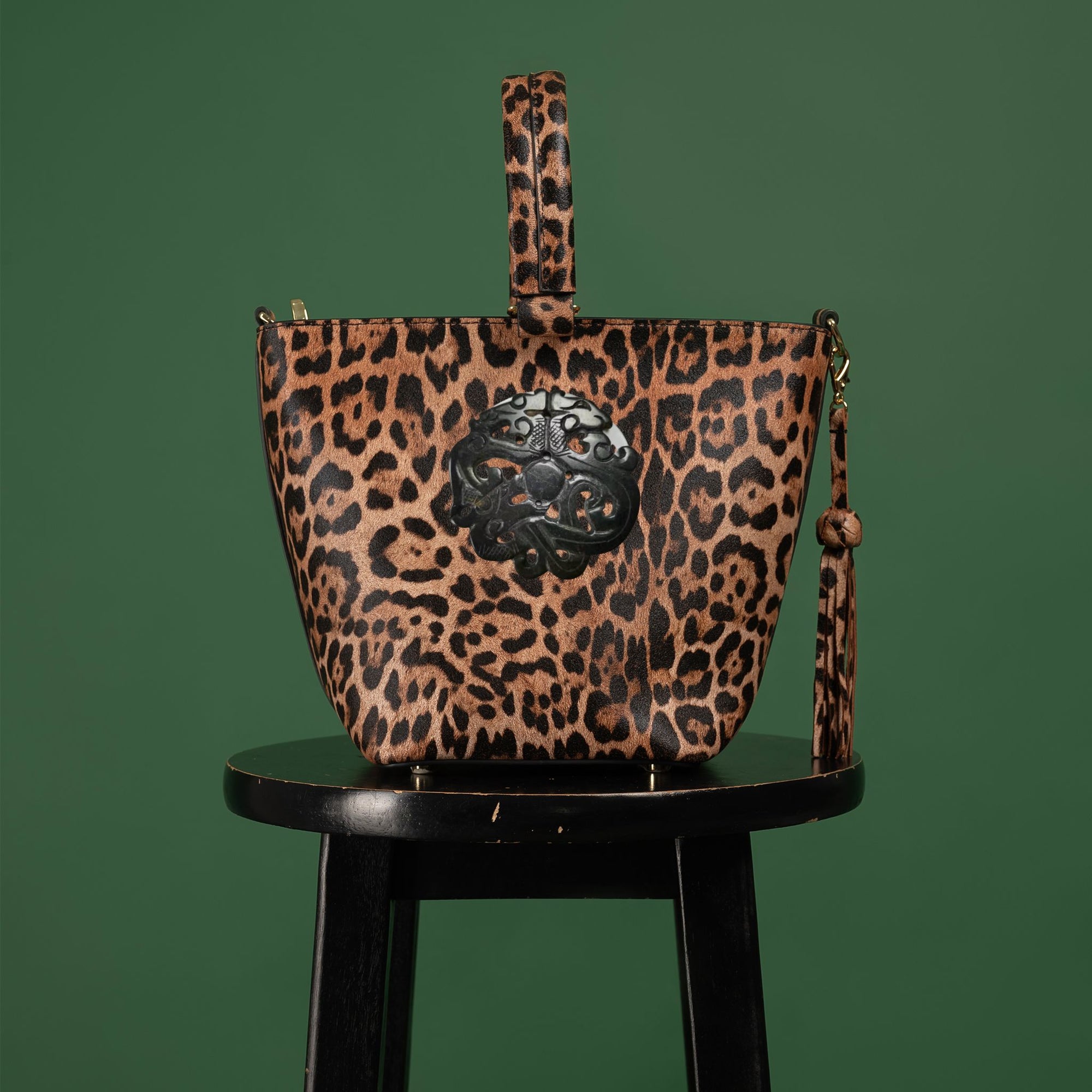 Pre-Order The Noraa Bucket Bag in Leopard Print with Black Dragon Jade Stone