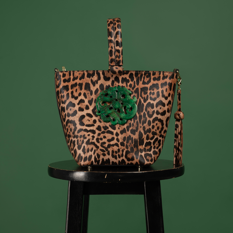 Pre-Order The Noraa Bucket Bag in Leopard with Green Dragon Jade Stone