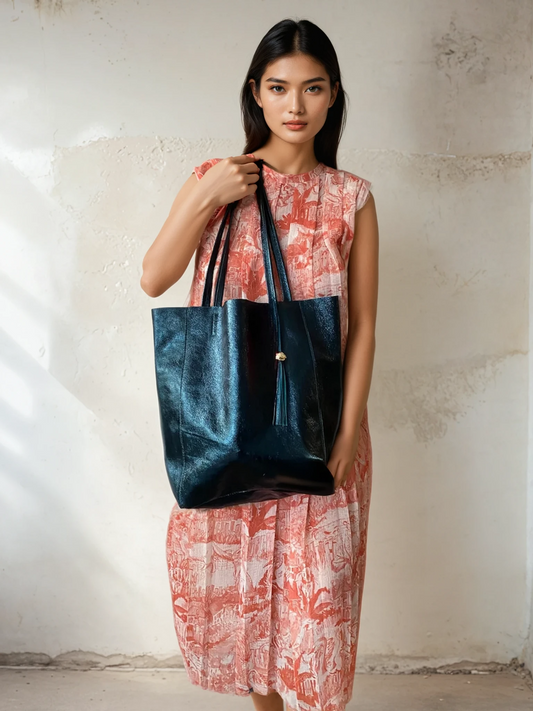 Italian Leather Shopper in Teal