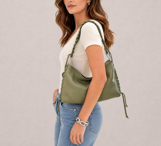 Lace Up Soft Shoulder Bag in Olive Sample