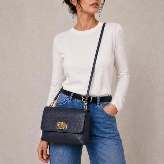 Italian Leather Medium Flap Shoulder Bag in Navy Blue Sample
