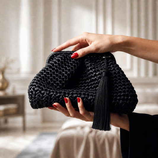 Medium Hand-Woven Metallic Black Clutch