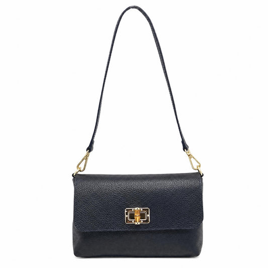 Italian Leather Medium Flap Shoulder Bag in Navy Blue Sample