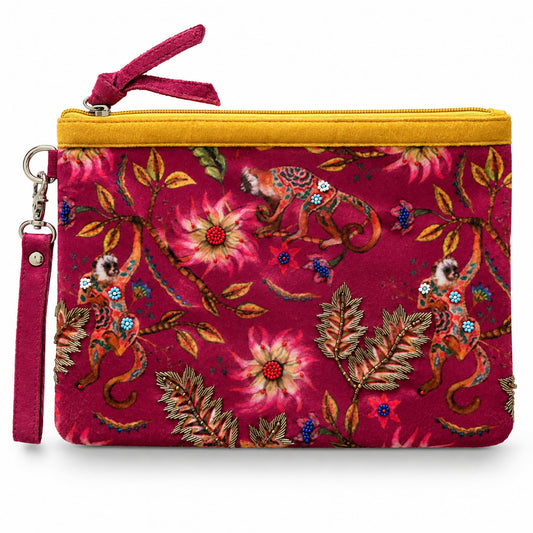 Sample Felt Hand Embroidered Monkey Clutch in Fushia