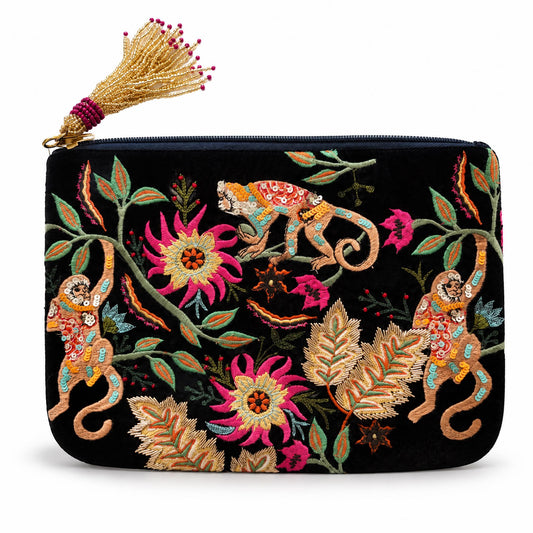 Sample Velvet Hand Embroidered Monkey Clutch in Black