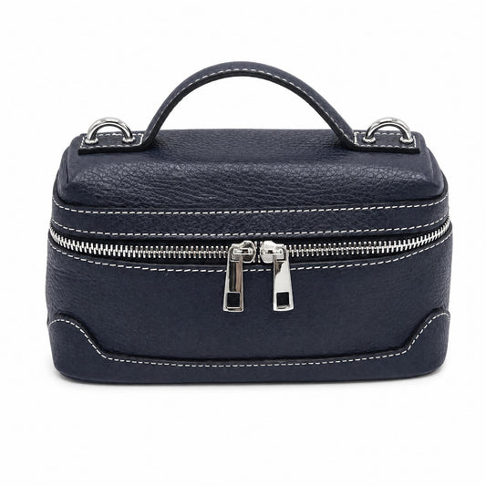 Italian Leather Box Crossbody in Navy Blue Sample