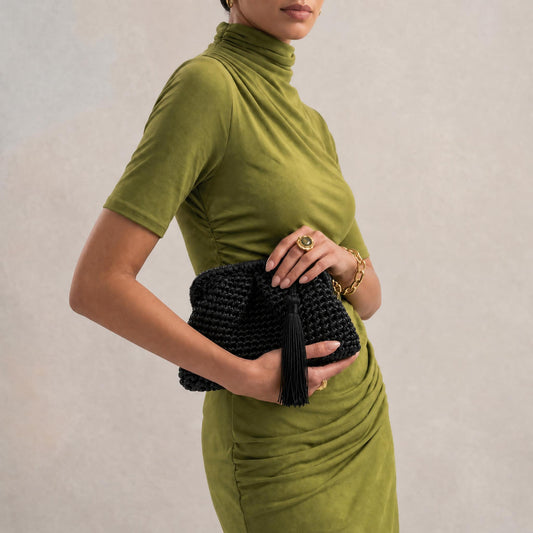 Medium Hand-Woven Metallic Black Clutch
