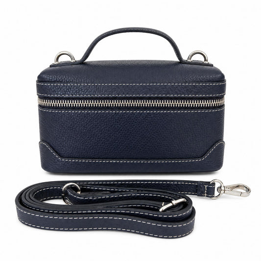 Italian Leather Box Crossbody in Navy Blue Sample