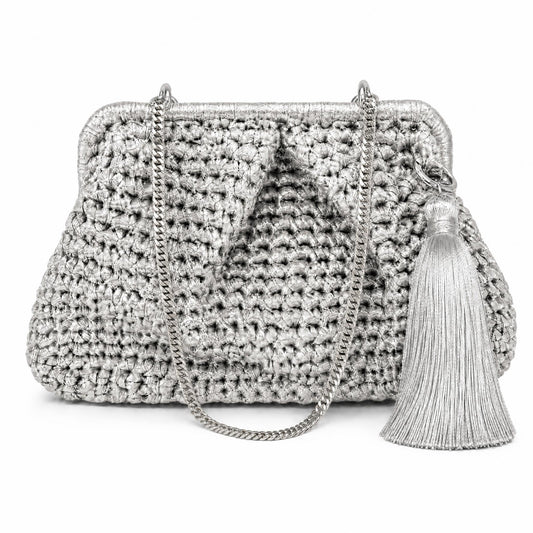 Medium Hand-Woven Metallic Silver Clutch