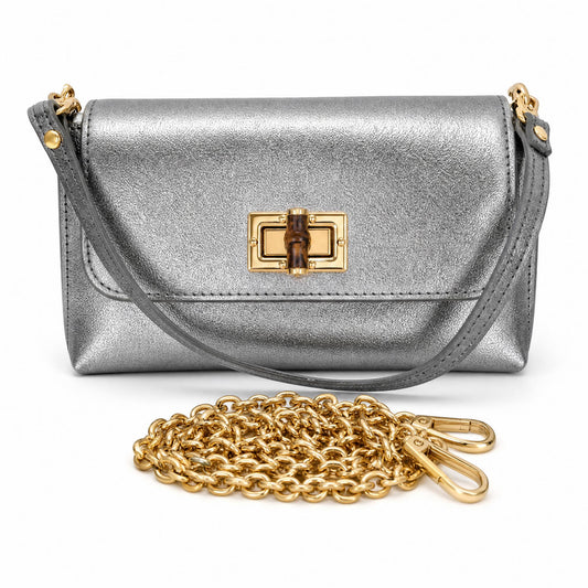 Italian Leather Mini Flap Shoulder Bag in Gunmetal Sample
