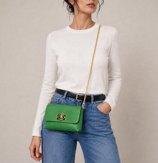 Italian Leather Mini Flap Shoulder Bag in Green Sample