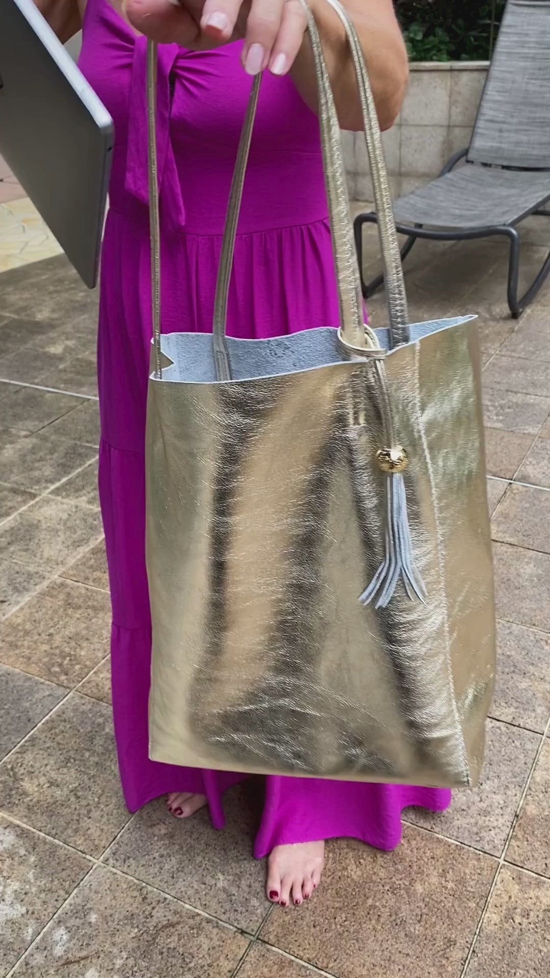 Italian Leather Shopper in Champagne